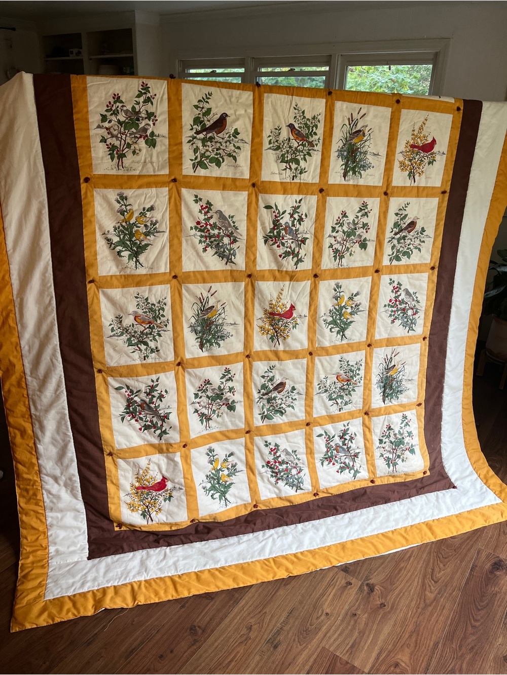 Vintage Bird Panel Tied Quilt Blanket